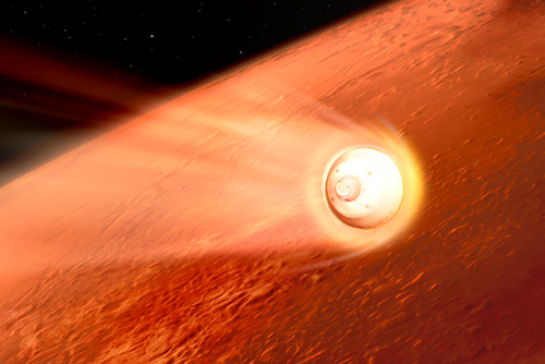 Illustration of the spacecraft containing NASA’s Perseverance rover slows down using the drag generated by its motion in the Martian atmosphere.
