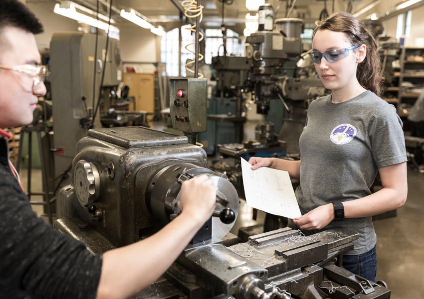 Students working on a machine shop