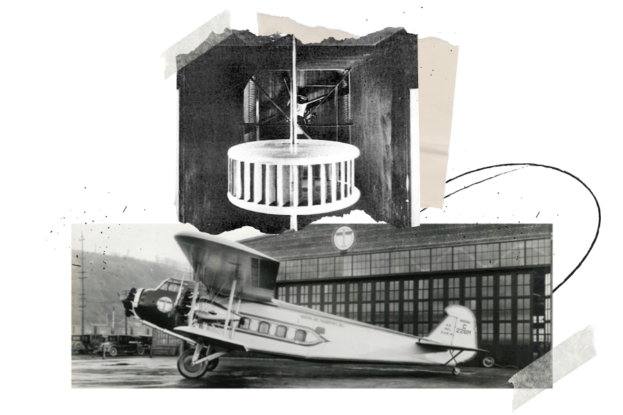 Collage image of the cycloidal propeller model and the Boeing, three-engined biplane, Model 80 trimotor transport.