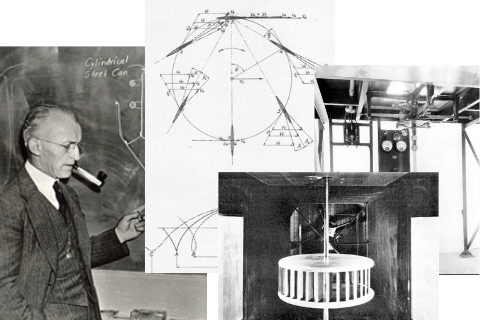 Collage of Professor Kirsten's photo in front of a chalkboard, mathematical renderings and the cycloidal propeller