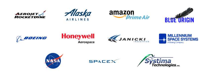 Logos of employers: Aerojet Rocketdyne, Alaska Airlines, Amazon Prime Air, Blue Origin, The Boeing Company, Honeywell Aerospace, Janicki Industries, Millennium Space Systems, NASA, SpaceX, Systima Technologies.