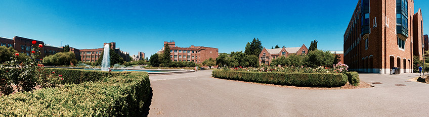 panorama of Guggenheim Hall and Drumheller Fountain