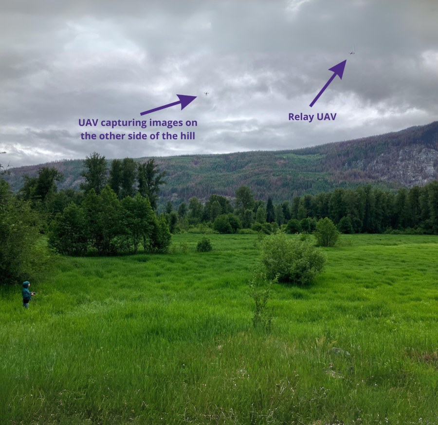 a person controlling two drones standing in a field with trees and mountains in the background