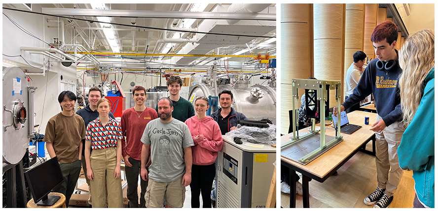 Left: A group of people stands in a lab with scientific equipment in the back. Right: Two people interact with an device on a table during an expo.