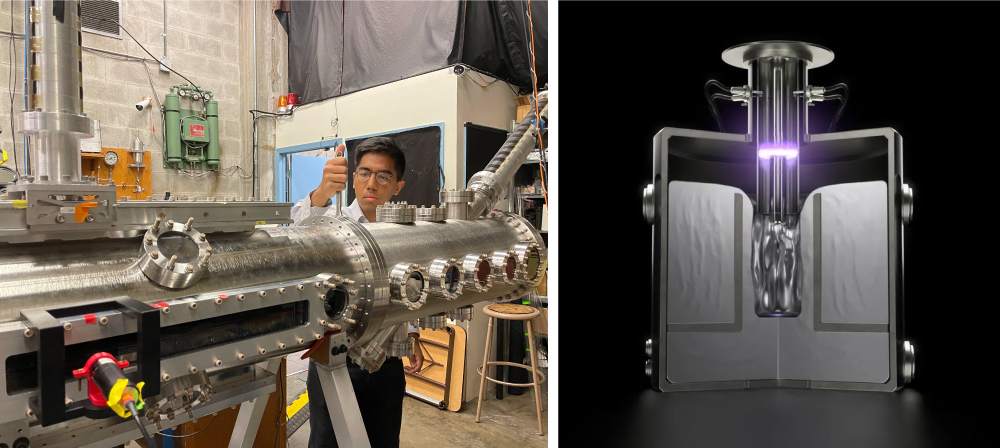 Collage of man inspecting a vacuum chamber next to a visualization of a plasma fusion experiment.