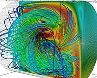  B-field streamlines and pressure pseudocolor values at two different times  mid-way through spheromak rotation and relaxation