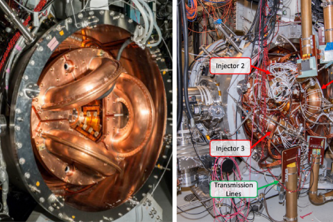 Two photos next to each other, both showing the prototype reactor. On the left has the injectors (three arcs in the middle of the reactor) highlighted, the right is busier but shows a more zoomed out photo with the injectors and the transmission lines labeled.
