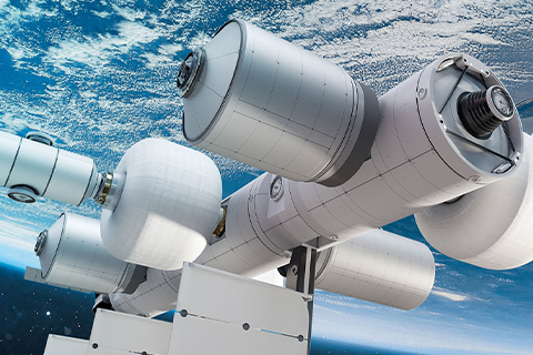 Conceptual illustration of a modular space station orbiting earth, featuring multiple interconnected cylindrical modules.