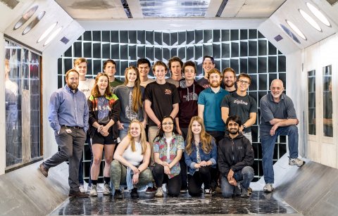 students and staff in the wind tunnel