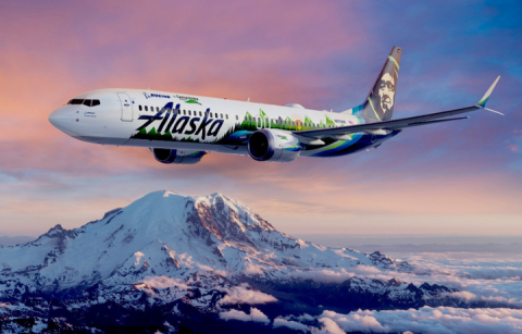 A rendering of this year's ecoDemonstrator plane, a Boeing 737-9 operated by Alaska Airlines.