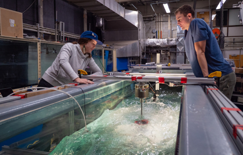 Abigale Snortland and Greg Talpey in the UW Harris Hydraulics Lab