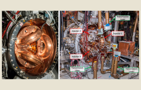Two photos next to each other, both showing the prototype reactor. On the left has the injectors (three arcs in the middle of the reactor) highlighted, the right is busier but shows a more zoomed out photo with the injectors and the transmission lines labeled.