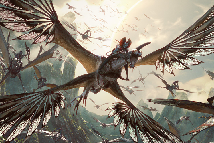 Blue-skinned rider, from the Avatar movie, flying through the sky on a winged creature