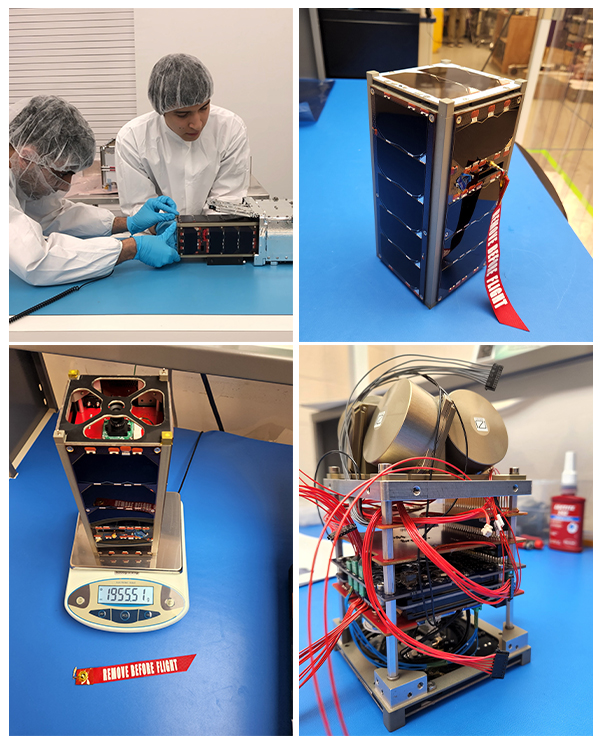 A collage showing a small satellite and its components during assembly and testing.
