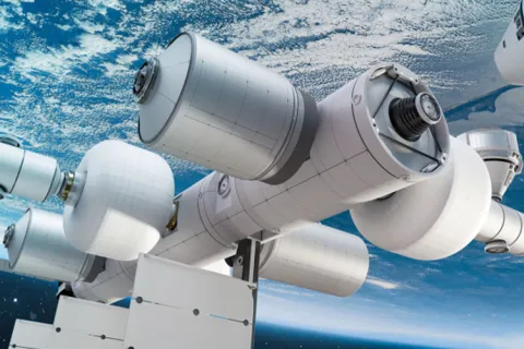 Conceptual illustration of a modular space station orbiting earth, featuring multiple interconnected cylindrical modules.